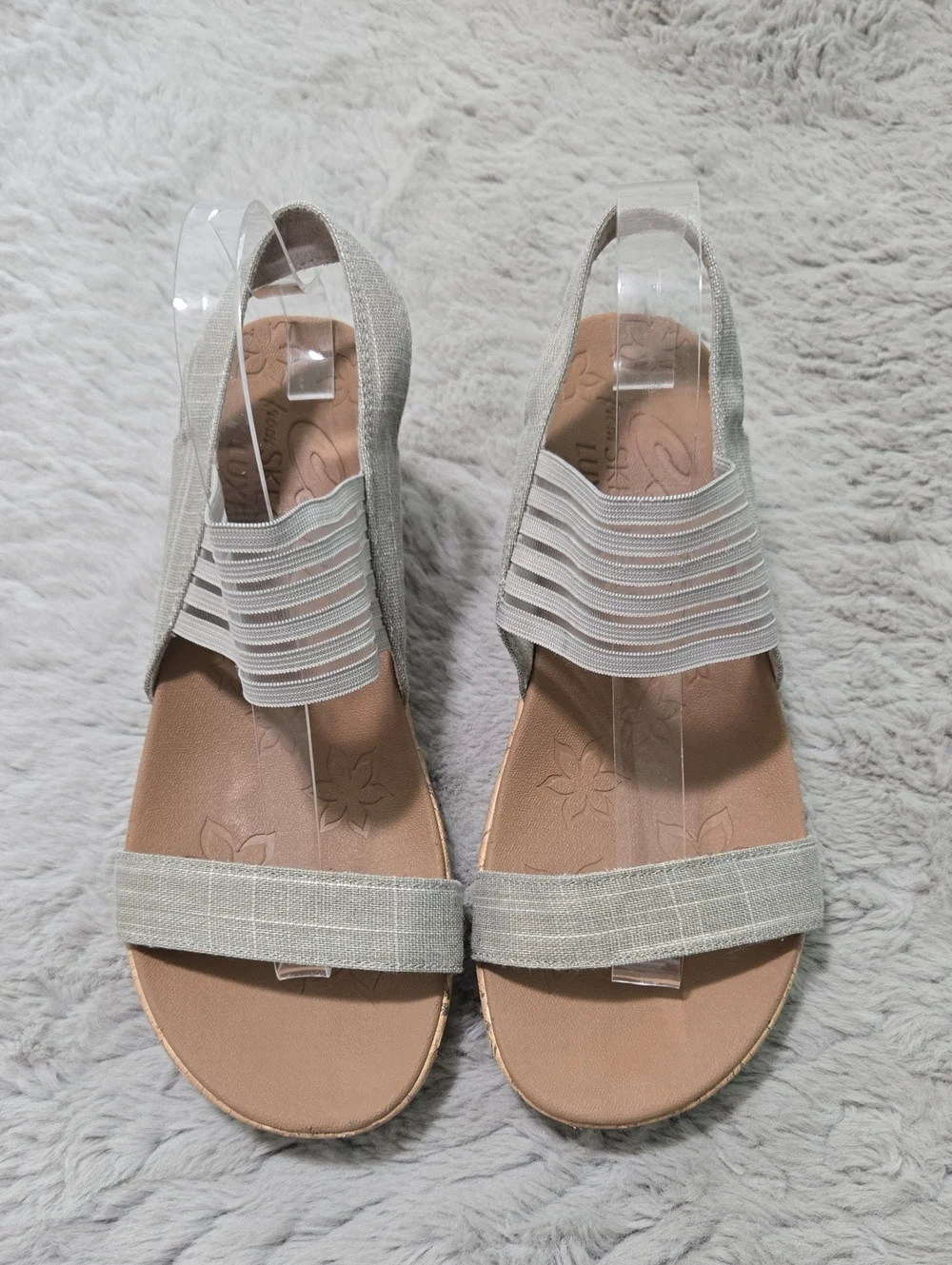 Skechers Beverlee Smitten cork wedge sandals stretch slingback strap size 9.5W